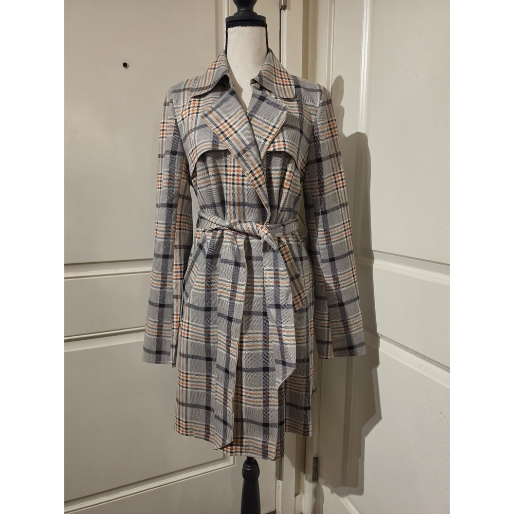 Solitaire Women's Plaid Belted Lined Trench Coat Gray Orange Large
